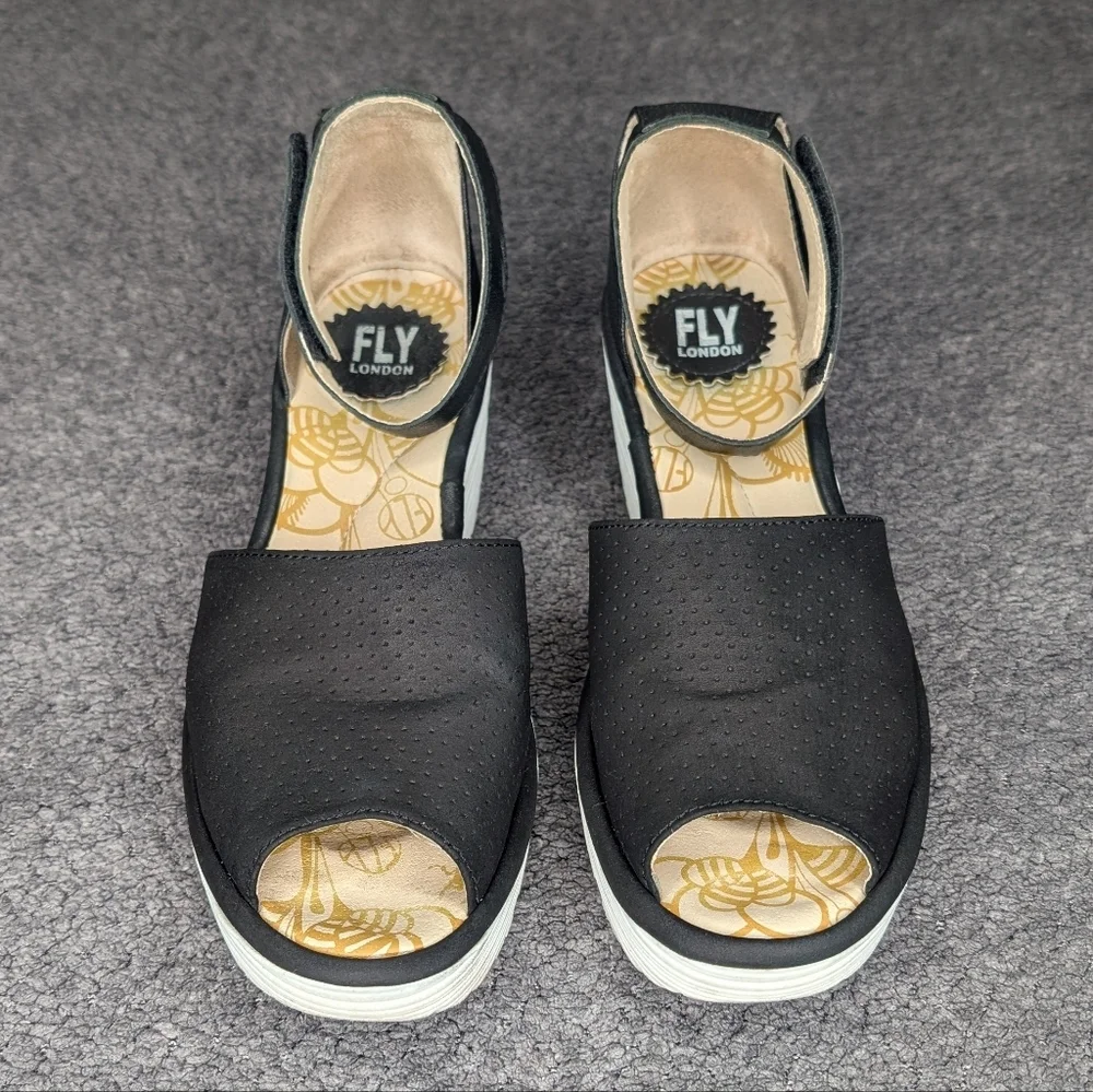 Fly London Yake Perforated Wedge Sandals Black White Women's 39 8-8.5